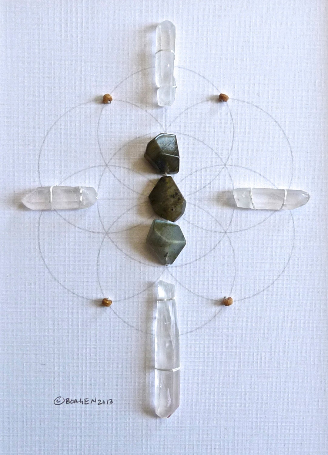 MAKE A WISH ---- framed scared crystal grid --- labradorite, clear quartz --- seed of life