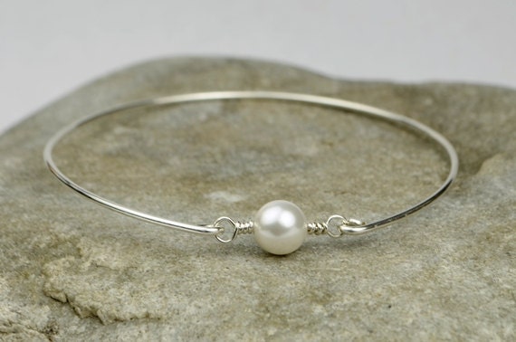 Pearl Bangle Bracelet- White Swarovski Pearl Bead and Sterling Silver Filled Wire- Custom Made to Size