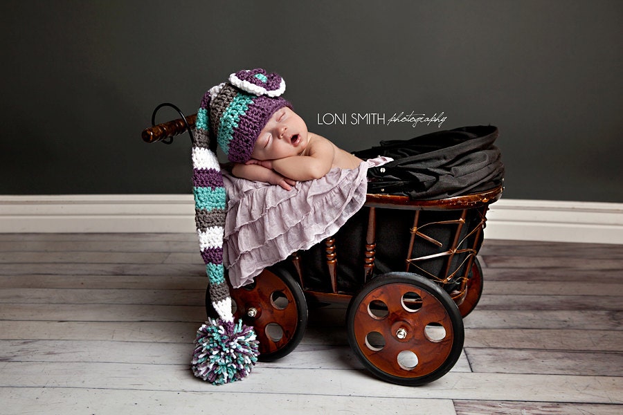 Mint, purple, grey, and white baby girl elf hat