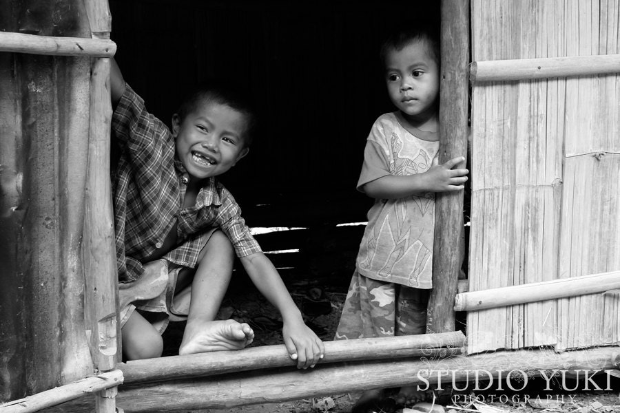 Laos Travel Photography, Children Playing, Two Boys, Fine Art Photography, Ethnic, Global, Black and White - Sons of Summer - StudioYuki