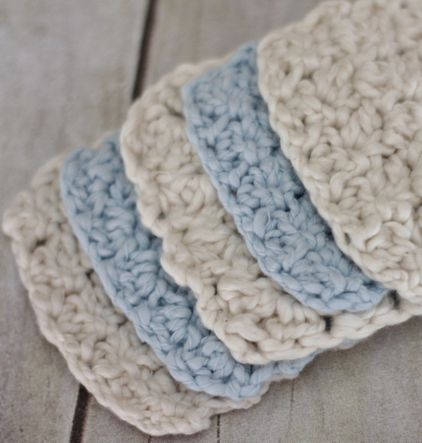 Spa Makeup Remover Pads Crocheted in Blue and Cream Cotton, Set of Five