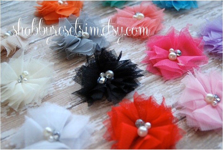10 Tulle Rhinestone Pearl Flowers- you choose colors