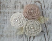 Handmade Fabric Rosette Flowers - Ivory Burlap, Cream Fabric, Champagne Organza, Gold Leaves - Wedding Corsage