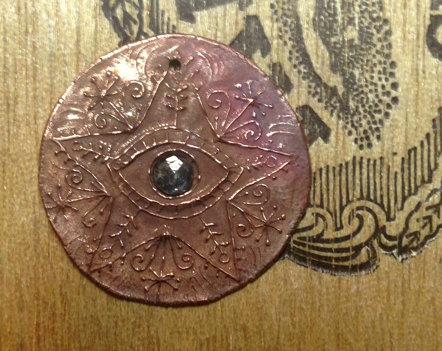 Shibuichi  Protection Eye Star Pendant with a Rose cut Sapphire