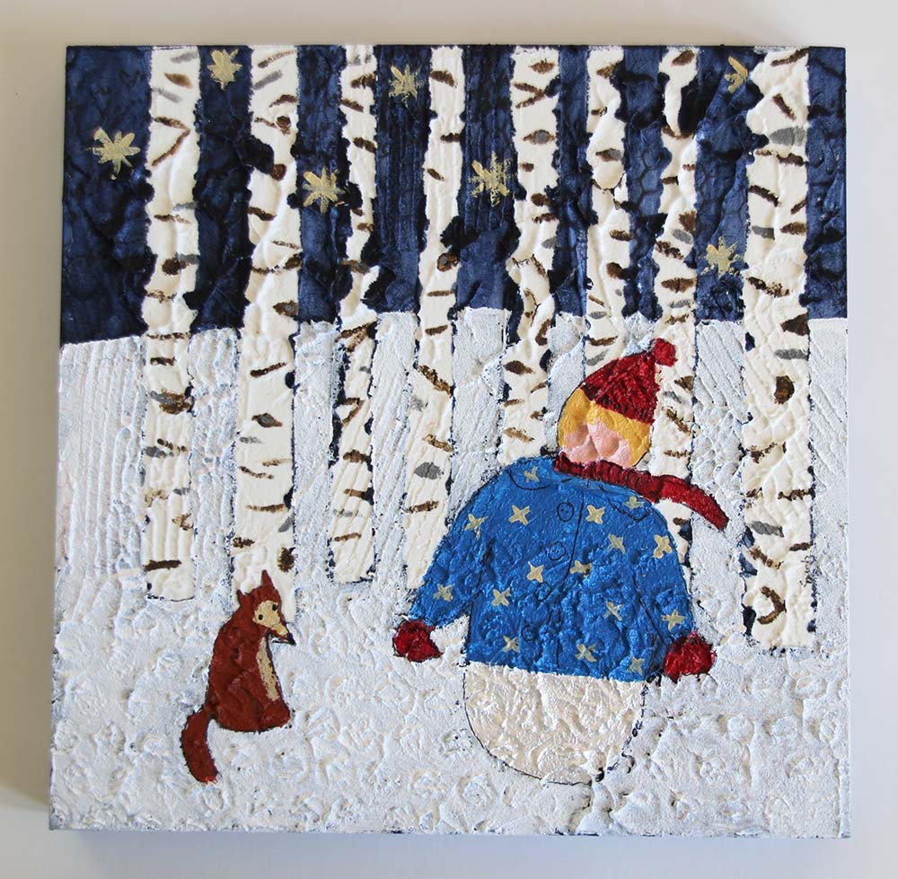 Snow Child Painting Mixed Media on Wood 8x8
