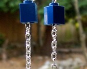 Blue Chain Lego Brick and Flower Earrings