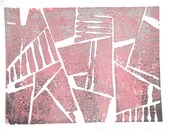 SALE Modern Geometric Art Block Print 3 x 4 Home Decor / Pink Rose, Silver, Black / Hand Pulled Linocut