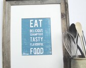 SALE Eat DELICIOUS Food Kitchen Poster Art Block Print 8 x 10 Home Decor / Subdued Blue, Navy, Hunter, Turquoise, Mint / Hand Pulled Linocut