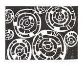 Modern Abstract Circles Pattern Linocut Art Print / 5 x 7 Home Decor / Black, Gold, Burgundy
