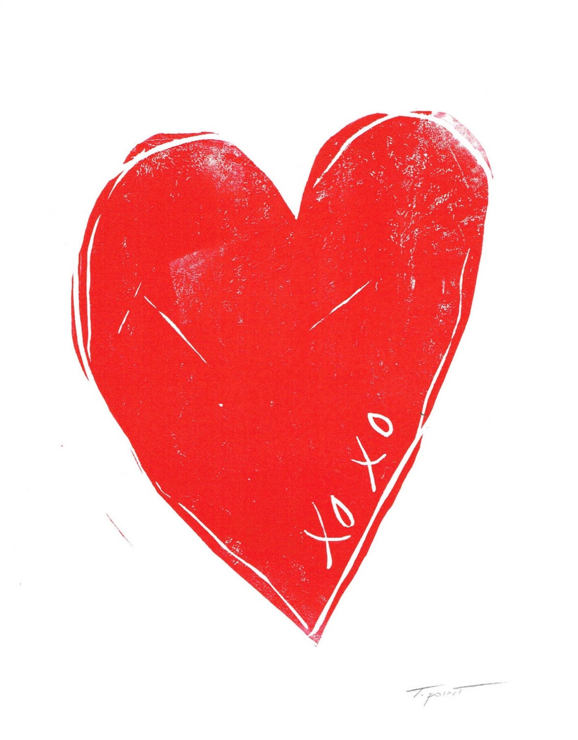 Minimalist Modern XOXO Heart Linocut Art Print / 8 x 10 Home Decor / Red, Black