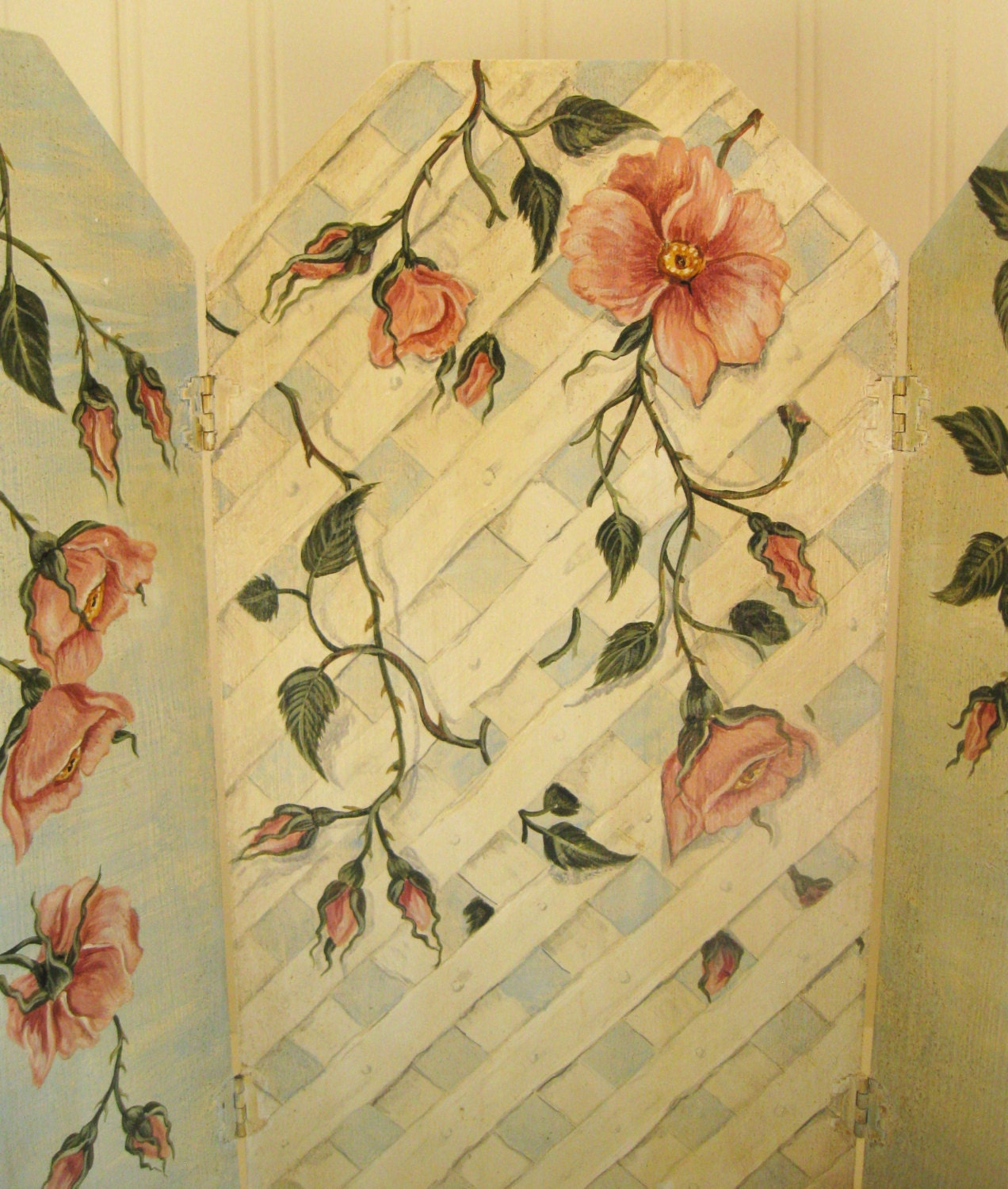 Pink Roses Triptych Original Painting Home Decor Shabby White Cottage Chic Original Art Folding Tabletop Screen Garden Theme Display OOAK