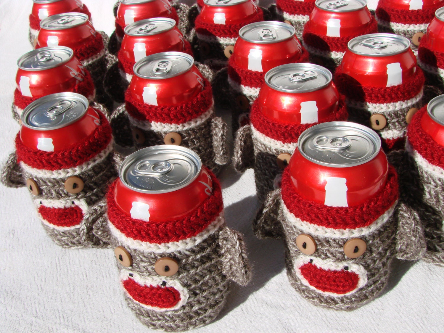 12 pack set of twelve Sock Monkey beer Soda Can Cozies one dozen red white brown groomsmen gift, birthdays