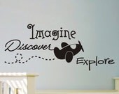 Kids Bedroom wall decal sticker Imagine Discover Explore vinyl lettering with airplane