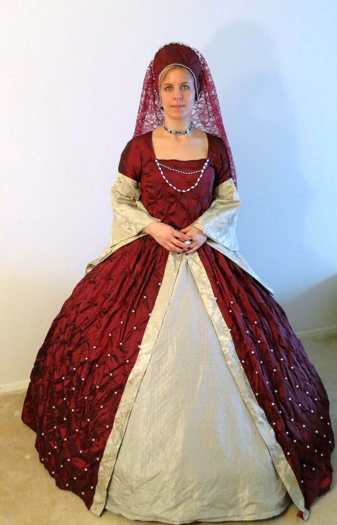Renaissance dress/ gown with french hood/head piece