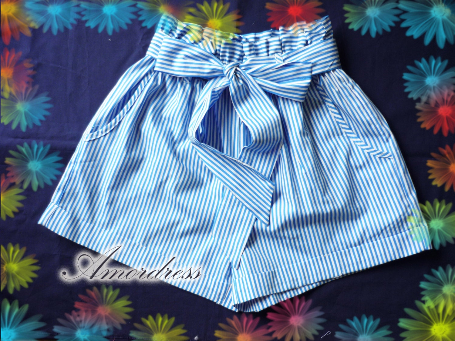 Hulala Summer Shorts - Jazzy Blue Stripe Cute Bow Tie Blue Shorts for Cool Summer -Size S-M-