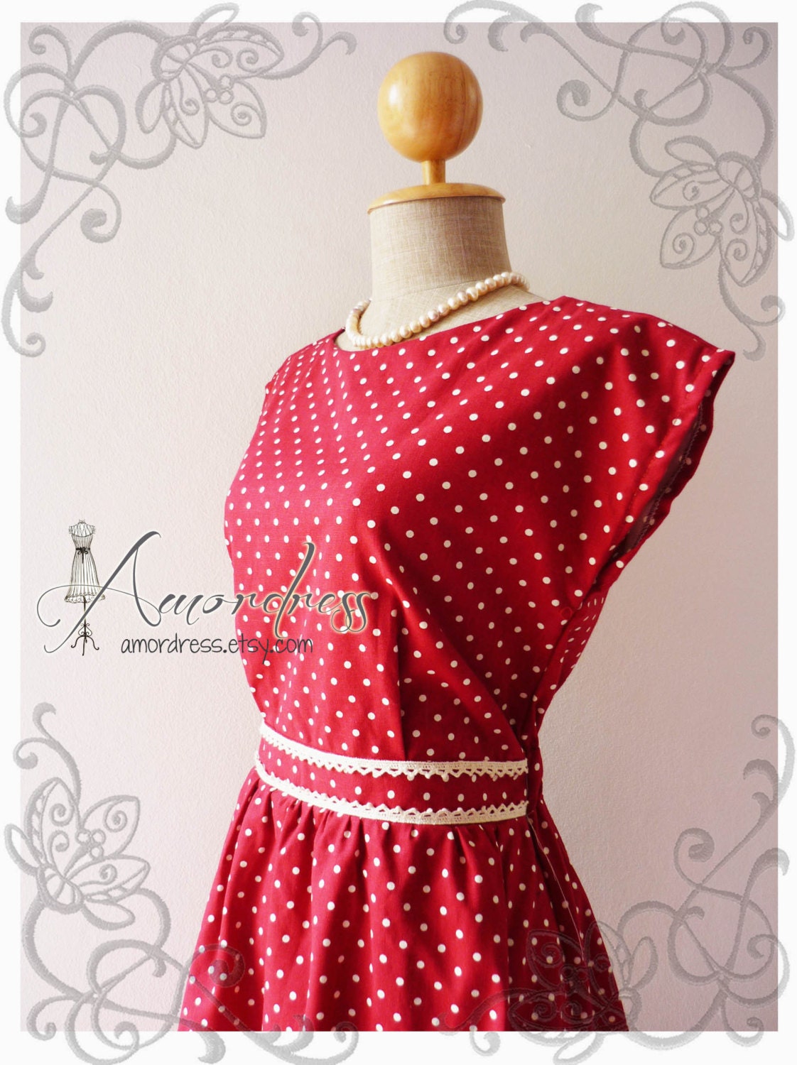 Red Polka Dot Dress Tea Party Garden Cocktail Dress Timeless Vintage Inspired Cap Sleeve Dress Wedding Party Dress -Size S-