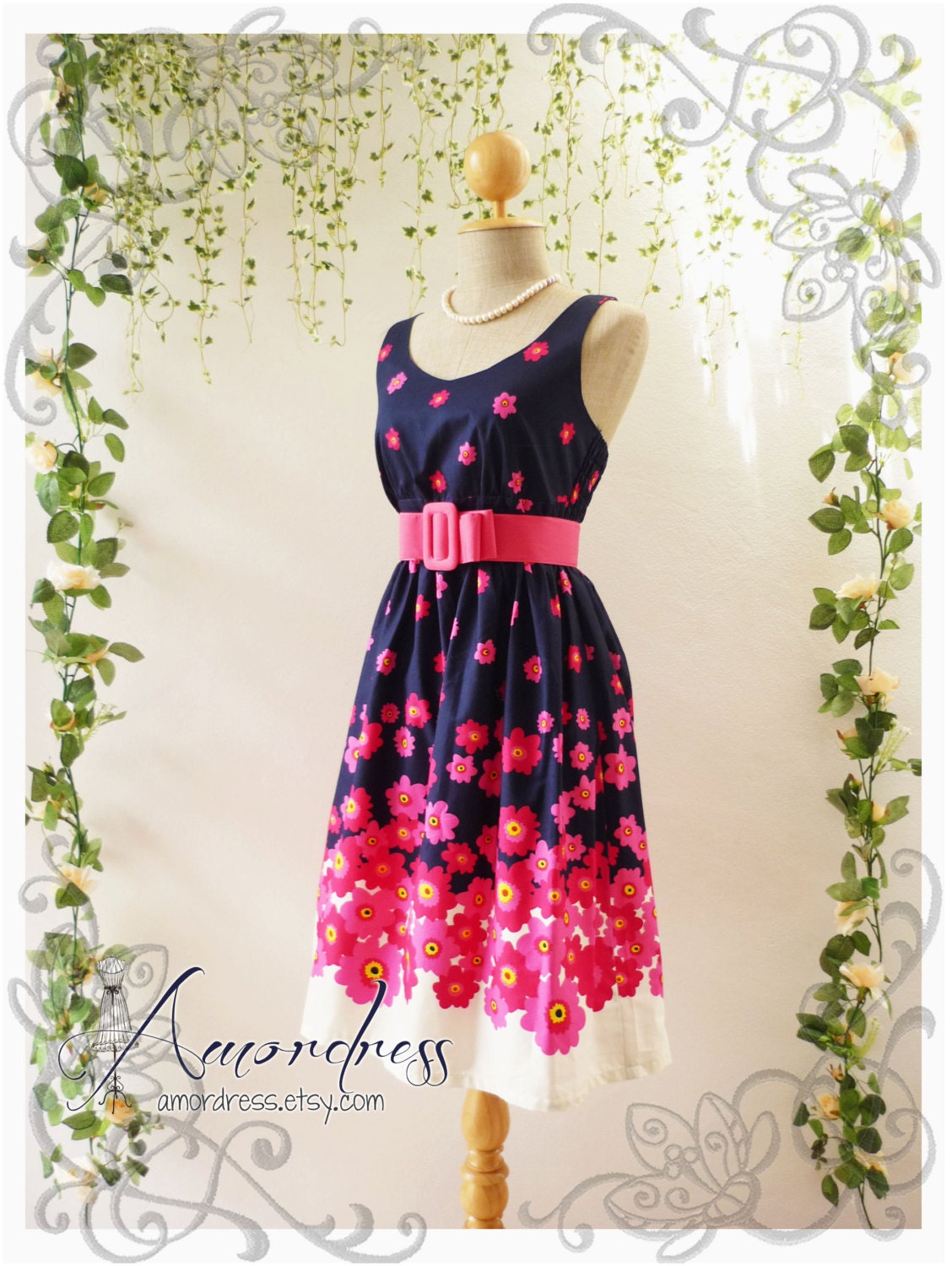 Blooming - Navy and Pink Floral Dress Tea Dress Vintage Inspired Dress Party Cocktail Garden Dress Tea Dresses  -S-M-