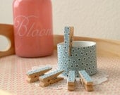 Cotton Fabric Tape with Matching Clothespins /  Blue Flowers and White Polka Dot / Handmade by Lovenote Crafts