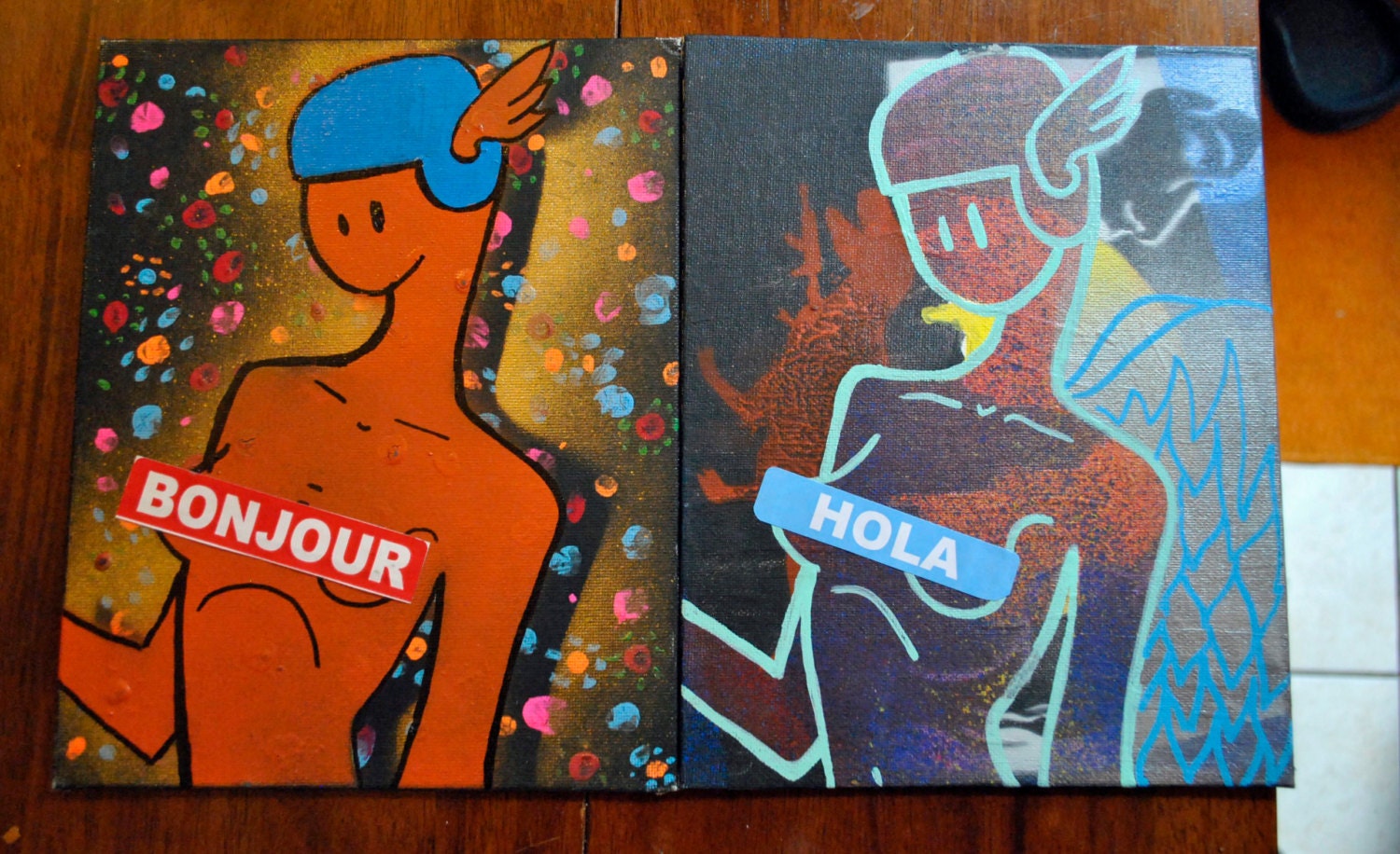 Hello/Bonjour set-stencil on 8x10  canvas panels