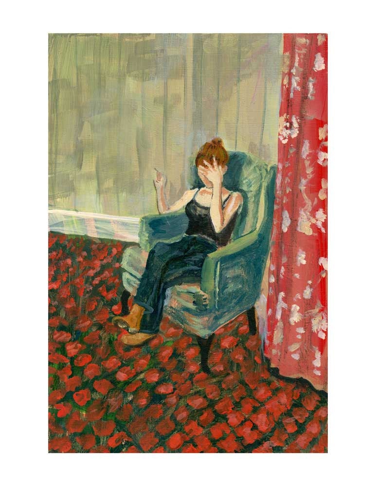 Girl Portrait Art - Print of Girl in Vintage Chair with Pattern Curtain - Archival Print of Original Painting