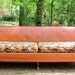 SOLD Peggy - a Mad Men / Mid Century Orange Vinyl and Floral Fabric Sofa Couch - Retro, Kitsch, Vintage