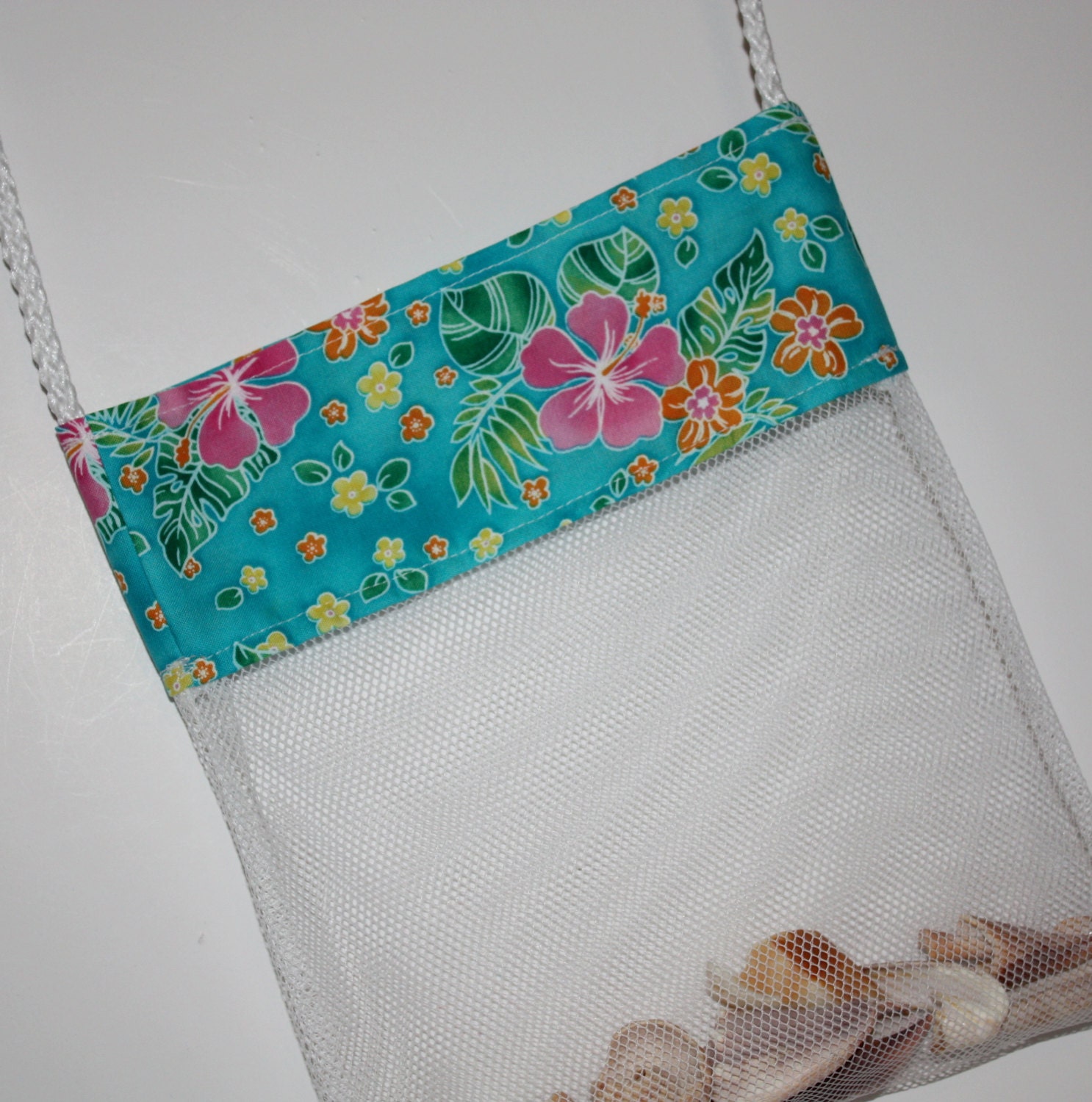 Shell Bag Mesh AQUA FLOWERS Tropical Turquoise Beach Bag, Shower Caddy, Seashell bag