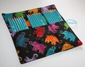 Elephant Roll-Up Carrying Case for Pencils, Markers, Sharpies, Art Supplies Case Laurel Burch Jungle Song Fabric