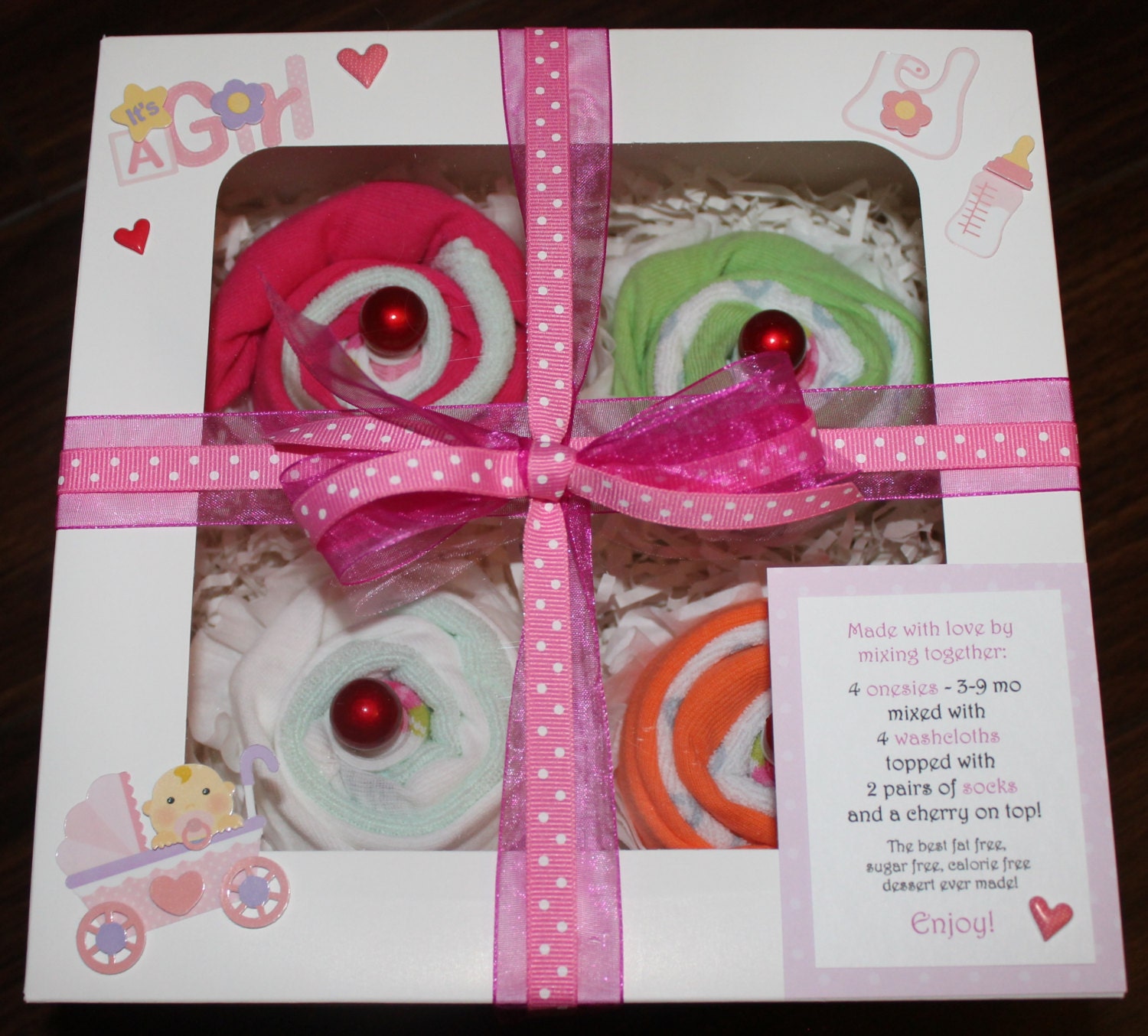 Cupcake Onesies Gift Set Includes 4 Onesies, 4 Washcloths, & 2 Pairs of Socks for a Baby Girl