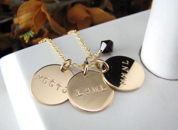 Three 5/8" 14k Gold Filled Hand Stamped MOM or Grandmother Love MOMMY Necklace Charms Pendants Personalized Names Cable Chain
