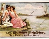 Vintage Ullman Romance Postcard Man and Woman Fishing Pole