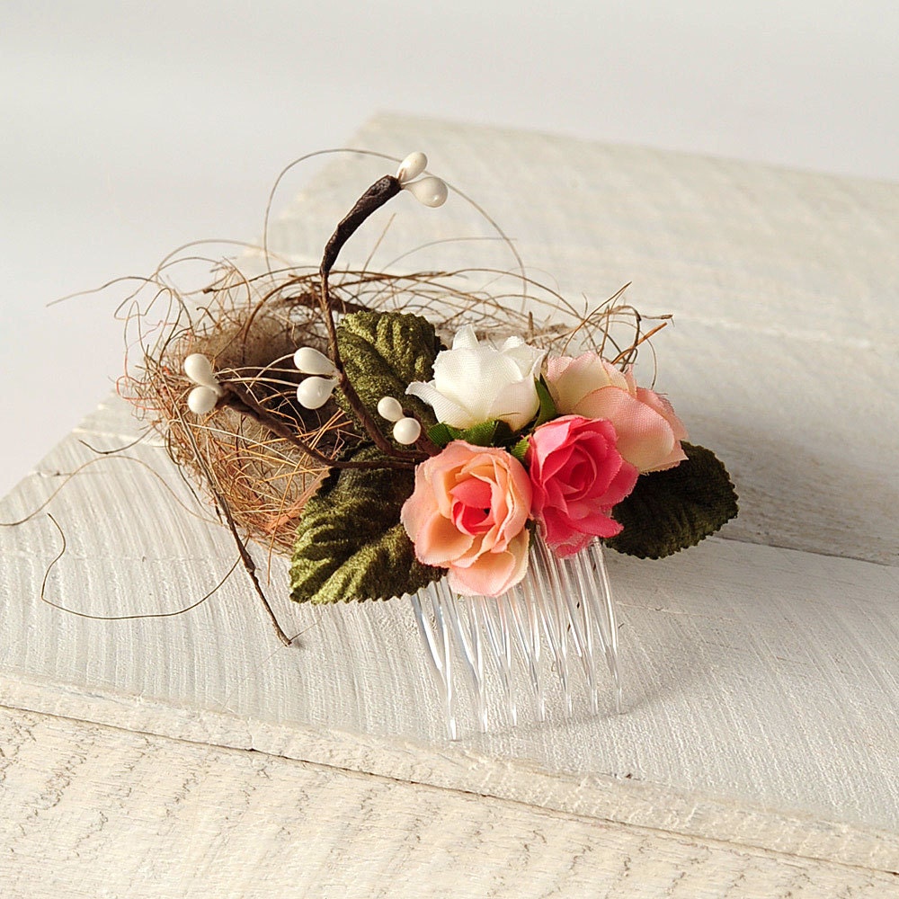 Rustic Wedding Headpiece, Vintage Floral Comb, Woodland Wedding, Rustic Hair Comb, Woodland Flower Comb, VelvetTeacup