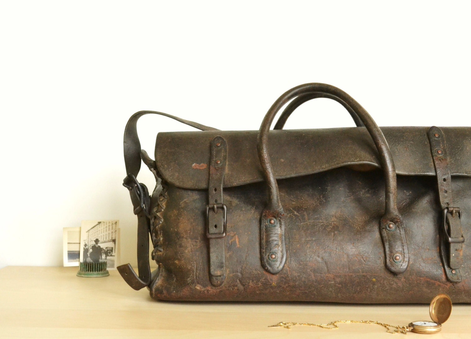 antique leather messenger doctor / mail / satchel / tote bag with flap and buckles