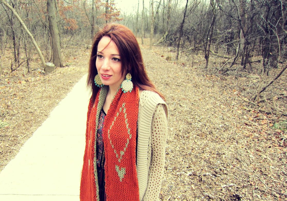 Womens Scarf Orange Tan Chunky Knit Long Reversable Heart Diamond Scarf Crochet Ladies