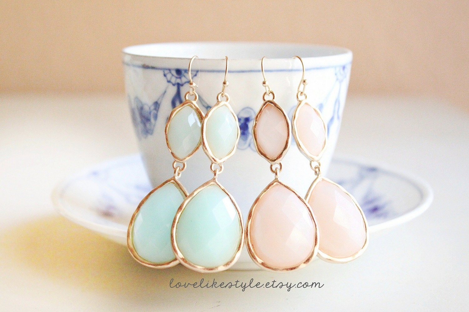 Mint Blue Stone Light Gold Framed Dangle Earrings, Bridal Earrings, Bridesmaid Earrings