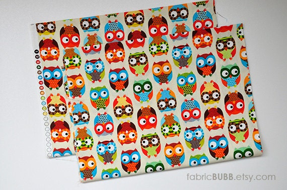 DESTASH, Owls in Cream Fabric, Bright Owl by Alice Kennedy for Timeless Treasures