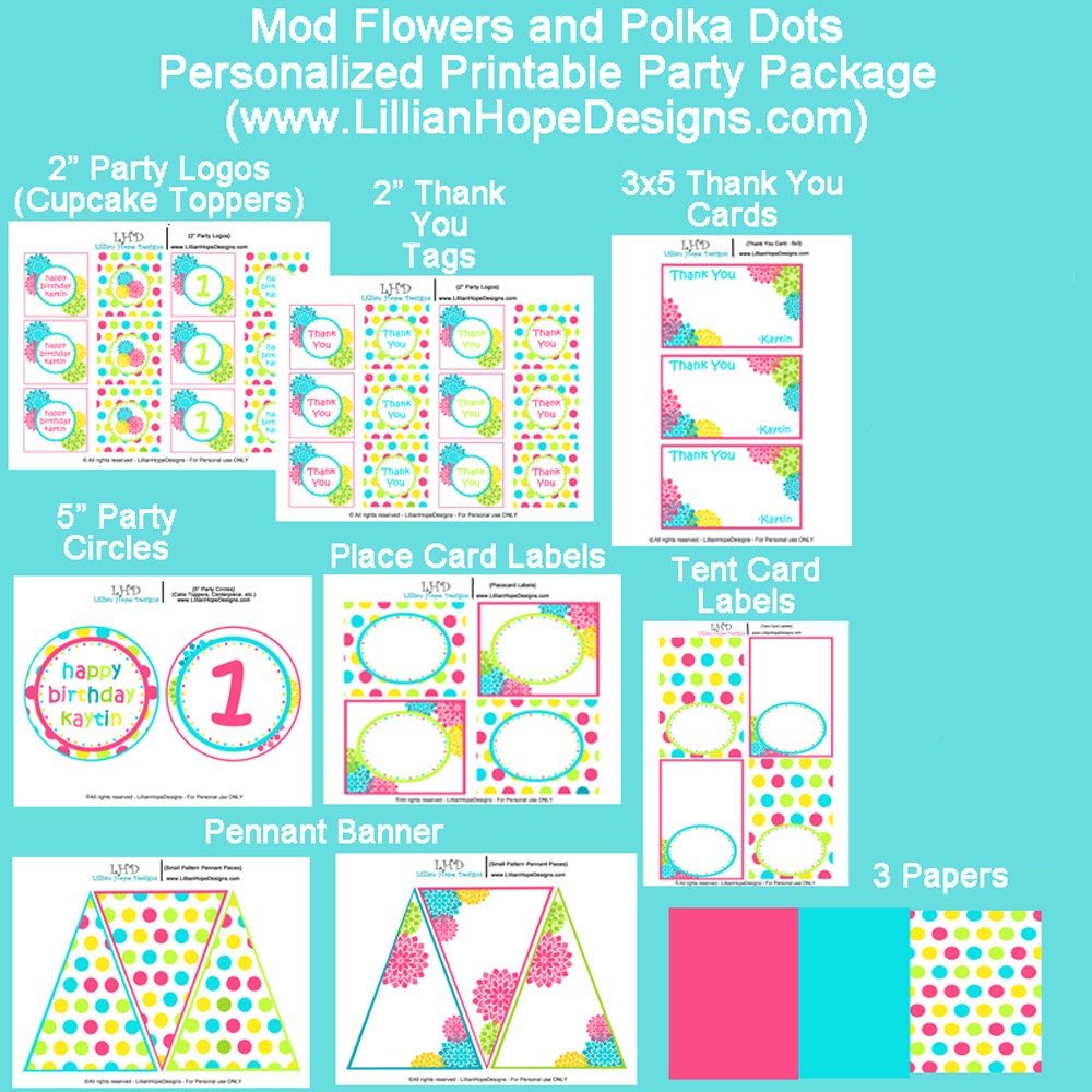 SUMMER Pool Party - Girls Birthday Party - PRINTABLE STANDARD Birthday Party Package - Mod Flowers and Polka Dots Il_570xn