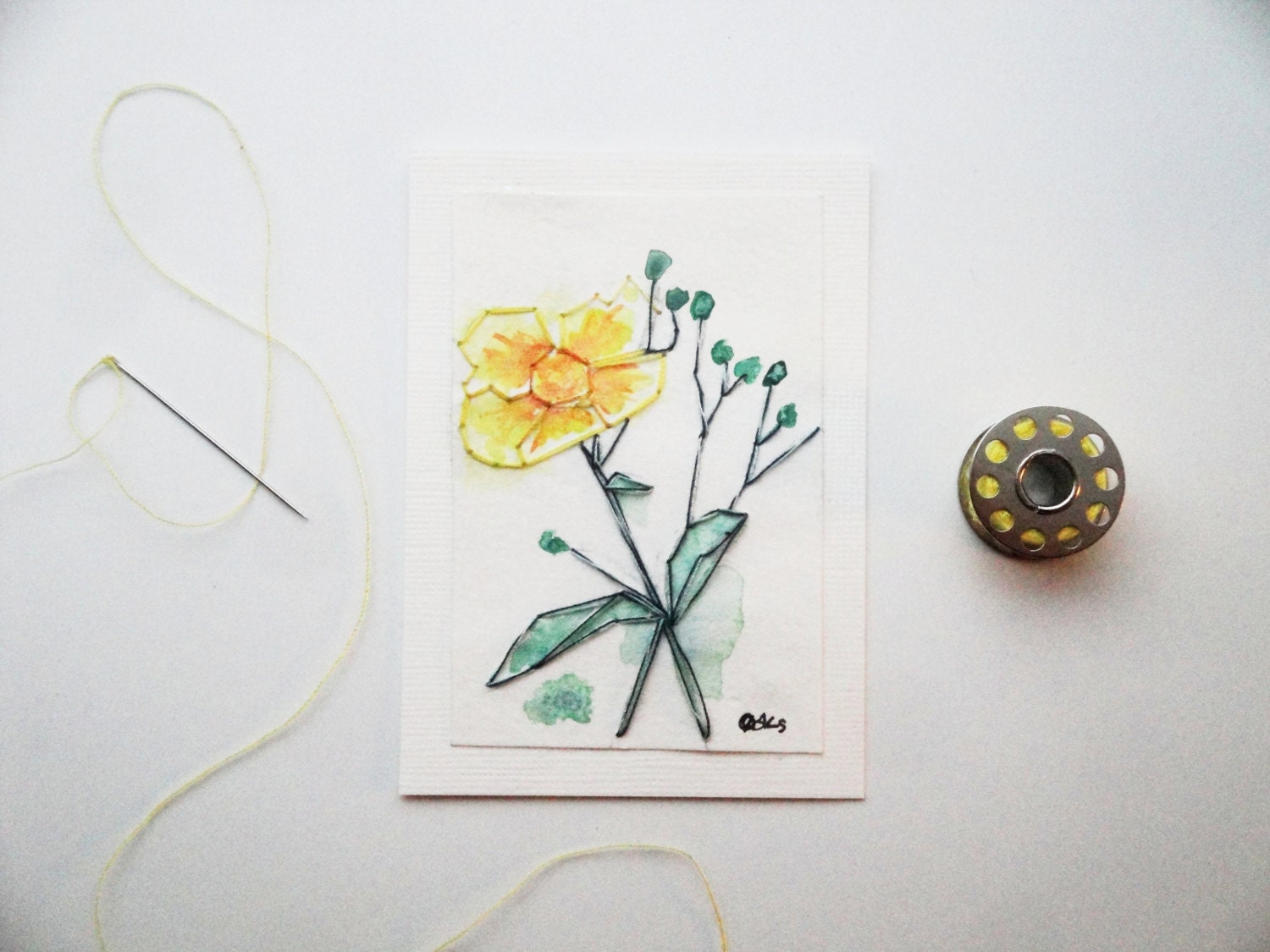 Original ACEO-Embroidered Watercolor-The Buttercup-3.5x2.5-Free Shipping - kroksg Original ACEO-Embroidered Watercolor-The Buttercup-3.5x2.5-Free Shipping - kroksg