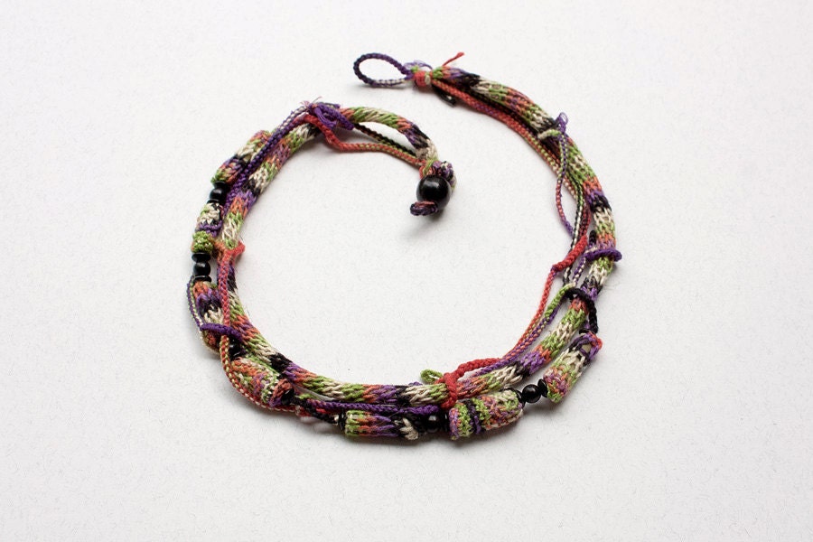 Knitted necklace with bamboo and wooden beads, black orange purple chartreuse, OOAK