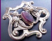 VICTORIAN Brooch Pin Amethyst Glass Stone Gothic Shield Floral Design White Metal C Clasp 3"