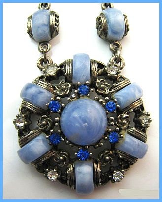 Art Deco Necklace Pendant Blue Marbled Art Glass & Rhinestones Heavy Book Style Chain 19" VG