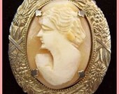 Vintage Cameo Brooch Pin Left Facing Real Carved Shell Floral Gold Frame Deco Style 1.5" VG