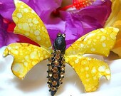 Vintage Butterfly Brooch Pin Yellow Rhinestones Black Enamel Paint  Ceramic 2.5" VG