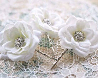 Bridal Hair Flowers Small WHITE Roses with Rhinestones (set of 3) Flower Bobby Pins Wedding Hair Accessories Bridal Headpiece Garden Wedding