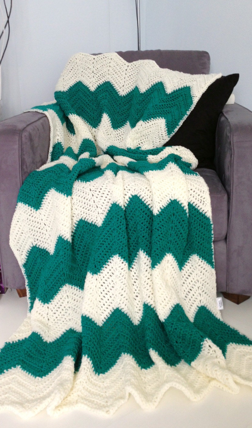 Cream and green afghan crochet chevron blanket