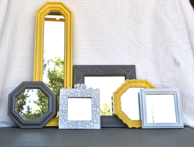 Yellow Grey/Gray White Ornate Upcycled 6 Mirrors collection.... Painted Modern Mirror set of 6