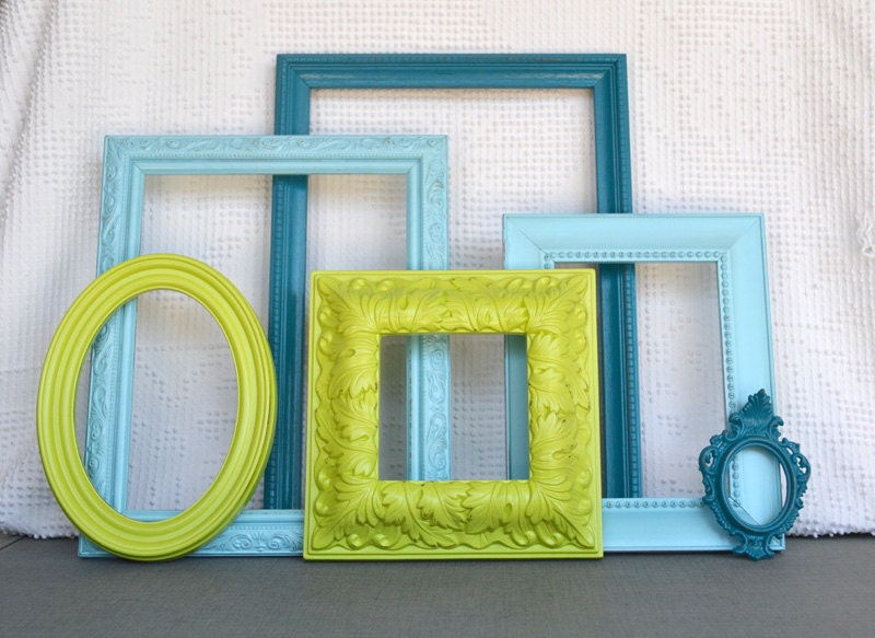 Lime Green Aqua Teal Turquoise Ornate Frames set of 6 Upcycled Painted Modern Frame set bedroom decor