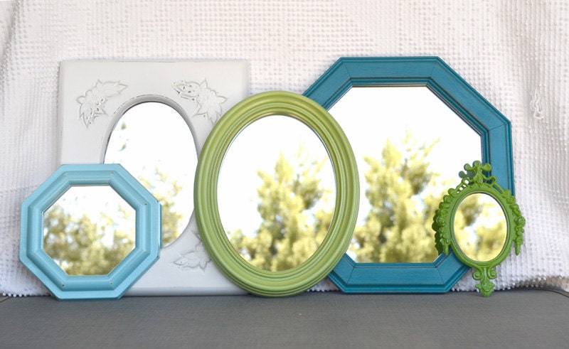 Shabby Chic Coastal Modern Mirror Set of 5 - Upcycled framed Aqua Teal Greens White mirrors.. great for Gallery Wall or Beach House Bedroom