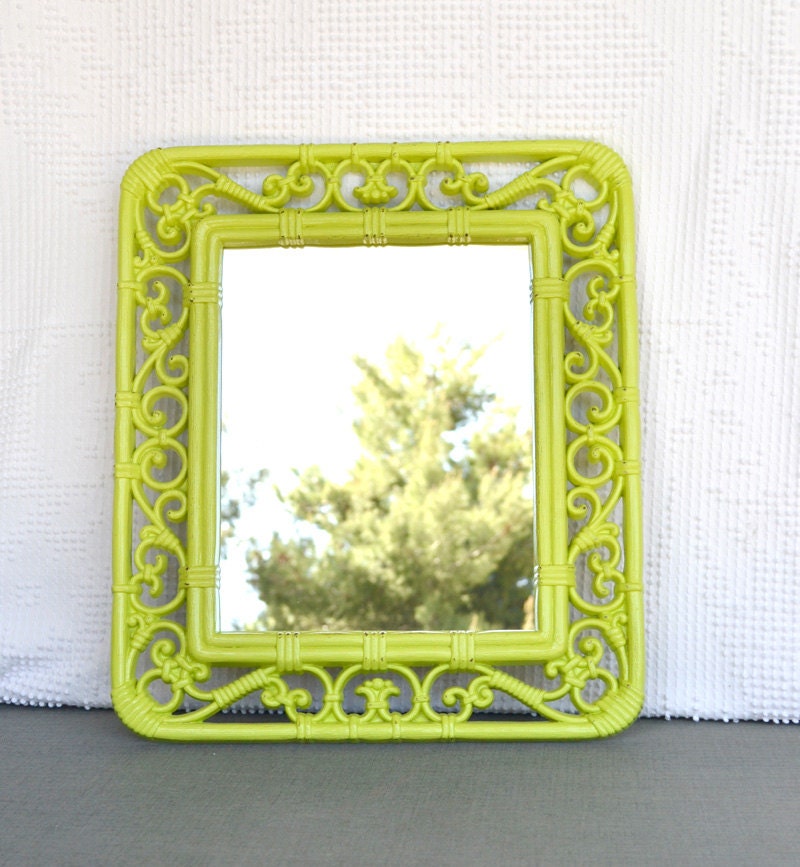 Lime Green Upcycled Vintage Mirror...great for Modern decor Teen Bedroom Playroom Bamboo like Scrolly Pop Art