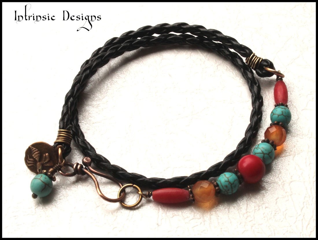 Colourful Double Wrap Plaited Leather & Charm Bracelet with Turquoise and Coral
