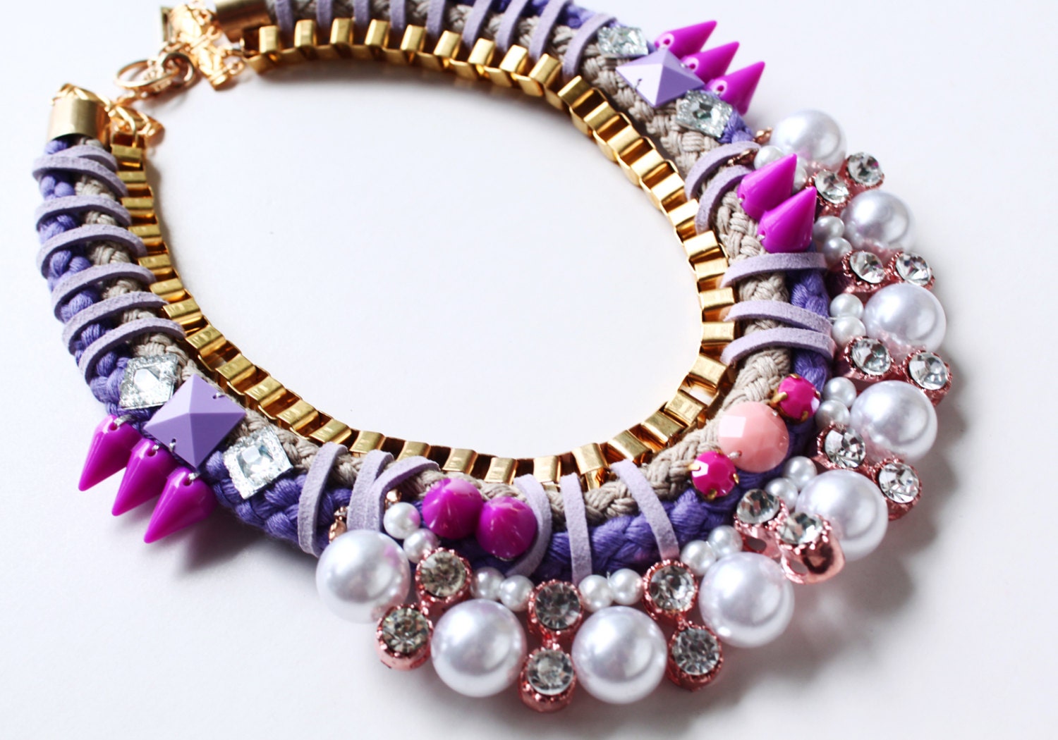 Bubba, pastel neon rope necklace with pearls rhinestones studs, collar, purple pink, SS13, colorful, quirky, unique statement necklace, OOAK